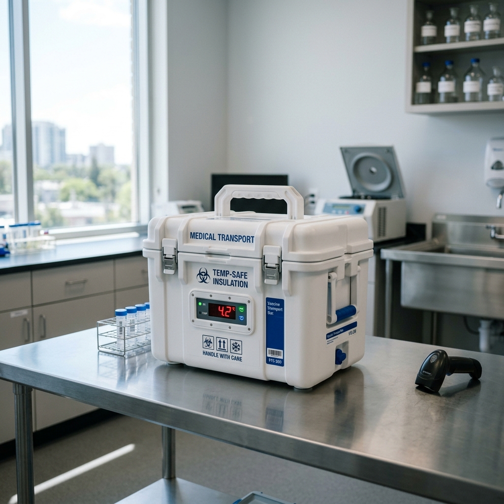 Medical transport cooler box on a table in a bright modern clinic room