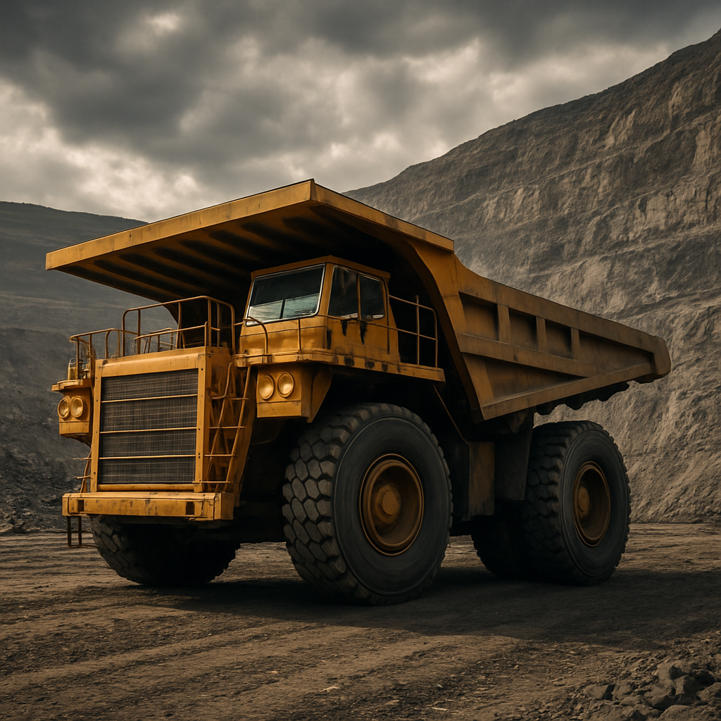Large yellow dump truck at an open pit mine